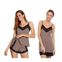 Kit Camisola Em Renda e Microfibra Hope - L11550 + Pijama Short Doll Básico Renda Hope LCS550 Tamanho:MCor:Avelã
