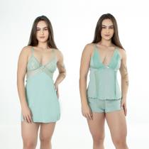 Kit Camisola Feminina Sensual Tule e Short Doll em Renda