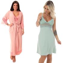 KIT Camisola Longa Pós Parto com Robe + Camisola Amamentação Moda de Baixo - V218