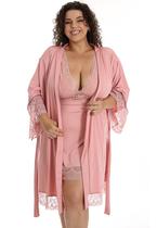 Kit Camisola Plus Size Feminino + Robe Roupão de Banho Luxo com Renda