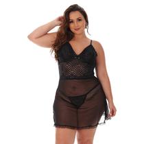 Kit Camisola Plus Size Tule Transparente Curta Com Calcinha