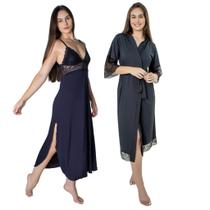Kit Camisola Robe Longo Sensual Renda Conforto Feminino Luxo