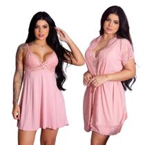 Kit Camisola Sexy Comum Vestido de Dormir Prático e Robe Roupão de Banho Kimono
