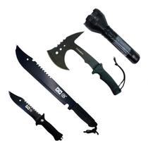 Kit Camping Facas + Machado + Lanterna Recaregametno Por Tomada e Solar Pesca Camping