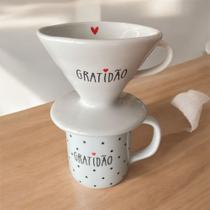 Kit Caneca 300 Ml Decorada + Coador De Porcelana Filtro Café