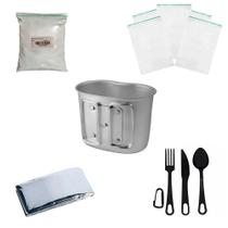 Kit Caneca Aluminio + Cal + Ziplock + Manta + Talher preto