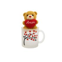 Kit Caneca Amor Com Ursinho Pelucia Chaveiro Bege Fizzy