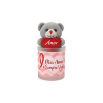 Kit Caneca Amor Com Ursinho Pelucia de Chaveiro Fizzy Cinza