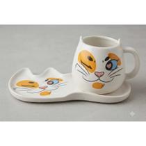 Kit Caneca Café Chá Gato Carinhas Divertidas 500ml Porcelana Fofa Presente Criativo + Prato Cores Cor:Branco Kit Caneca Café Chá Gato Carinhas Divertidas 500ml Porcelana Fofa Presente Criativo + Prato Cores Cor:Branco
