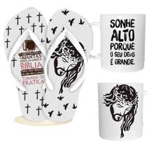 KIT Caneca de Cerâmica 325ML e Chinelo Evangélico, Cristão, Católico