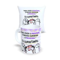 Kit Caneca de Porcelana e Almofada 30X30cm Branca Flork Debochado Estampa Irônica e Divertida