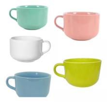 Kit caneca de porcelana para sopa preto branco verde azul - Jumbo 4 peças 450ml HR