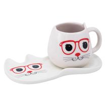 Kit Caneca Gato Carinhas 500ml Porcelana Fofa Presente Criativo Café Chá + Prato Branco Decoração:Óculos
