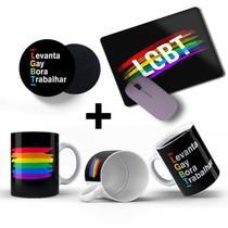 Kit Caneca Mouse pad e Porta copo LGBT Levanta Gay