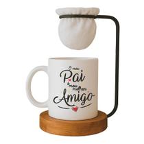 Kit Caneca Porcelana 325ml com Coador de Café e Base de Madeira - 'O Meu Pai é Meu Melhor Amigo' - Branco