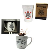 Kit Caneca Porcelana Branca 300ml Café +1 Copo Americano Cerveja 190ml Loucos Por Tí Corinthians