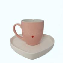 Kit Caneca Rosa Porcelana e Prato de Coração Branco Porcelana Fofo Encantador Amoroso