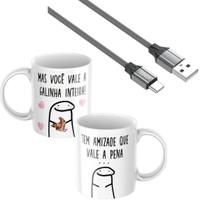 Kit Caneca Xicara de Porcelana Personalizada Meme Flork Amizade melhor amigos + Cabo 2 Metros Reforçado Turbo Carregado