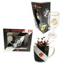 Kit Caneca Xicara Porcelana 300ml Café + Taça Windsor 330ml Cerveja Vinho Vasco Oficial Série Ouro