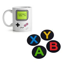 Kit Caneca Xícara Porcelana Gamer + Porta Copos Botão XBOX