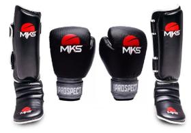 Kit Caneleira Classic e Luvas de Muay Thai Prospect Black e Silver MKS Kit Caneleira Classic e Luvas de Muay Thai Prospect Black e Silver MKS