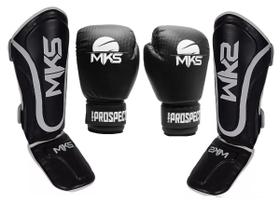 Kit Caneleira e Luvas Muay Thai Kickboxing Prospect Preto e Branco MKS