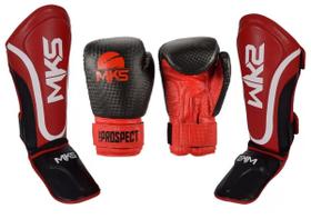 Kit Caneleira e Luvas Muay Thai Kickboxing Prospect Vermelho Preto MKS Kit Caneleira e Luvas Muay Thai Kickboxing Prospect Vermelho Preto MKS
