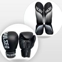 Kit Caneleiras 20 MM e Luvas de Boxe Muay Thai Preto Hexa Branco Pulser Cor:Preto+BrancoTam Caneleiras:MTam Luvas:14oz