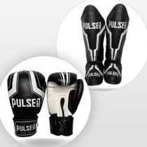 Kit Caneleiras 30 MM e Luvas de Boxe Muay Thai Preto Iron Branco Pulser Cor:Preto+BrancoTam Caneleiras:GTam Luvas:14oz