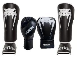 Kit Caneleiras Giant e Luvas Boxe Muay Thai Full Logo Pro Preto Venum