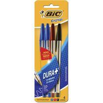 Kit caneta Bic Cristal 1.0mm com 4 unidades, 2 azul, 1 preta e 1 vermelha