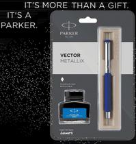 Kit Caneta Parker Vector Tinteiro Metallix Cromado com Frasco de Tinta