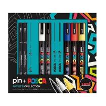 Kit Caneta Pin + Posca Artists Collection Uniball com 7 Pçs