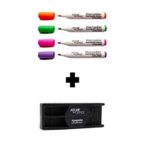 Kit Caneta Pincel Marcador Quadro Branco 4 Cores + Apagagor Magnético Jocar Office Kit Caneta Pincel Marcador Quadro Branco 4 Cores + Apagagor Magnético Jocar Office