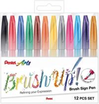 Kit Caneta Pincel Pentel Brush Sign - 12 Cores Blister