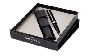 Kit Caneta Preta Fosco Clip Cromado 300 Com Estojo Couro Preto