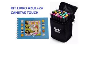 Kit caneta touch ponta dupla com 24 cores + livro de colorir bobbie goods capa dura