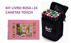 Kit caneta touch ponta dupla com 24 cores + livro de colorir bobbie goods capa dura