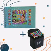 Kit Canetinha 36 Cores Touch Ponta Dupla com Livro de Colorir Capa Dura Verde