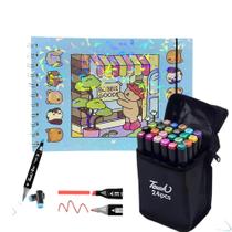 Kit Canetinha + Livro De Pintura De Desenho Estojo C/ 24 Canetinha Ponta Dupla Marcadoras Colorida