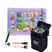 Kit Canetinha + Livro De Pintura De Desenho Estojo C/ 24 Canetinha Ponta Dupla Marcadoras Colorida