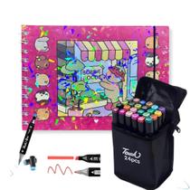 Kit Canetinha + Livro De Pintura De Desenho Estojo C/ 24 Canetinha Ponta Dupla Marcadoras Colorida