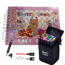 Kit Canetinha + Livro De Pintura De Desenho Estojo C/ 24 Canetinha Ponta Dupla Marcadoras Colorida