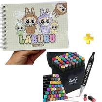 Kit Canetinha Ponta Dupla com 36 Cores + Livro de Colorir Labubu Tiktok