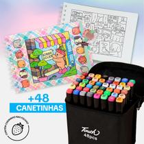 Kit Canetinhas Coloridas Touch e Livro de Colorir Bobbies Good Ponta Dupla Profissional