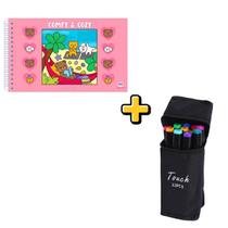 Kit Canetinhas Ponta Dupla 12 cores e 1 Livro De Colorir Bobbie Goods stitch capa dura escolha seu