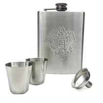 Kit Cantil Whisky Brasão Águia de Duas Cabeças - 2 Copos Shot e Funil, Inox 8OZ - 230ml