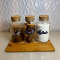 Kit Cantinho do Café - 3 Potes de Vidro com Tampa de Cortiça + Adesivos- Armazenamento - Cozinha