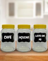 Kit Cantinho do Café 3 Potes Vidro 600 ML Com Caneta p/ escrever: Café, Açúcar, Biscoito, Chocolate