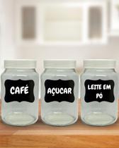 Kit Cantinho do Café 3 Potes Vidro 600 ML Com Caneta p/ escrever: Café, Açúcar, Biscoito, Chocolate Kit Cantinho do Café 3 Potes Vidro 600 ML Com Caneta p/ escrever: Café, Açúcar, Biscoito, Chocolate